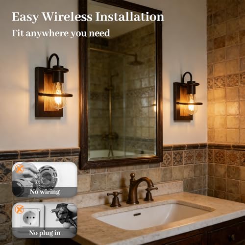 Wireless Battery Operated Wall Sconce Set of 2 with Remote Touch Control - Black Walnut, 3000K, Dimmable, Rechargeable, Magnetic Mount