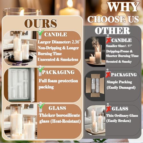 12-Piece White Pillar Candles & Glass Cylinder Candle Holders Set - Wedding & Event Decor