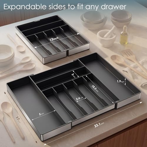 Black Expandable Silverware Drawer Organizer with 9 Slots - CCWOFF