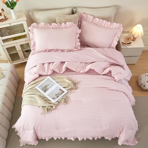 Pink Gingham Full Bedding Set for Girls - 5 Pieces Ruffled Bed Comforter & Sheets
