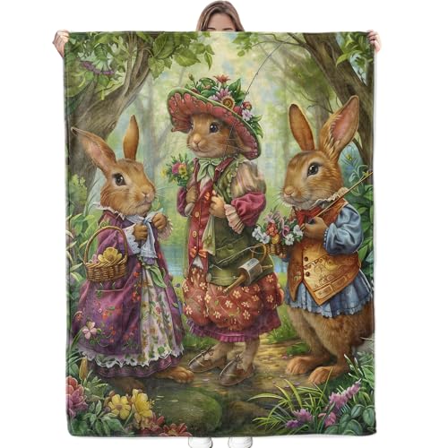 Bidesk 60x50 Rabbit Cozy Flannel Throw Blanket - Lightweight, Anti-Pill, Soft Dressed-Up Bunny Pattern