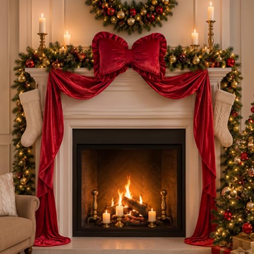 71x14'' Velvet Giant Pillow Christmas Tree Topper Bow, Burgundy Red