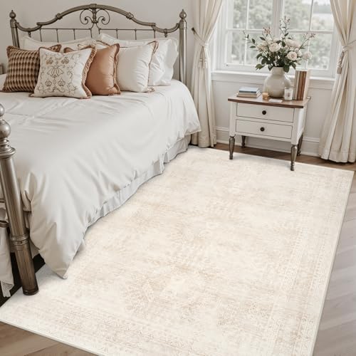 Luxturiy 6x9 Beige Area Rug - Machine Washable Low-Pile Living Room Carpet