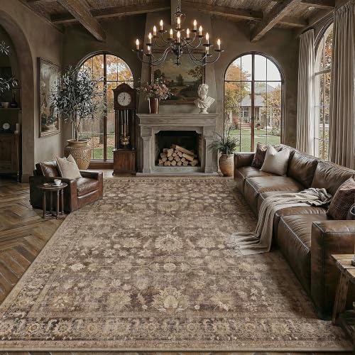 Washable Brown Area Rug 8x10 for Living Room - Non-Slip Vintage Carpet - HUGEAR