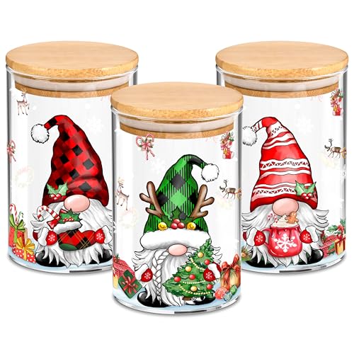 Green-Red Gnome Christmas Glass Storage Jars 20oz with Airtight Bamboo Lids, Set of 3