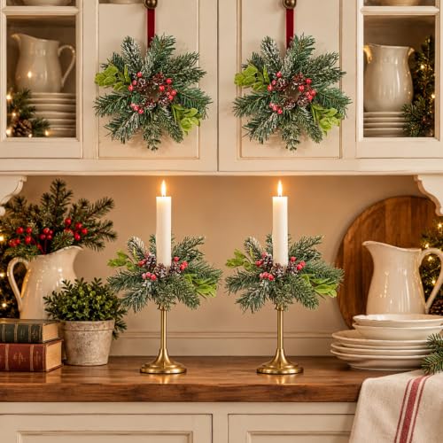 YLOLUL 12 Pcs Christmas Frosted Pine Candle Ring Wreaths Winter Decor