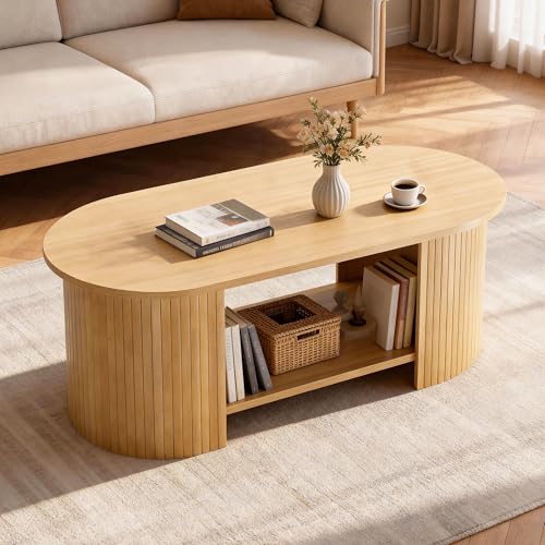 Oak MXV Oval Fluted Coffee Table 2-Tier Mid Century Modern Center Table with Storage - 42 Inches