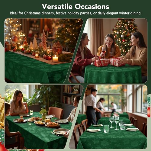 Hunter Green Poinsettia 60x144 Inch Christmas Tablecloth - Elegant Jacquard Holiday Decor