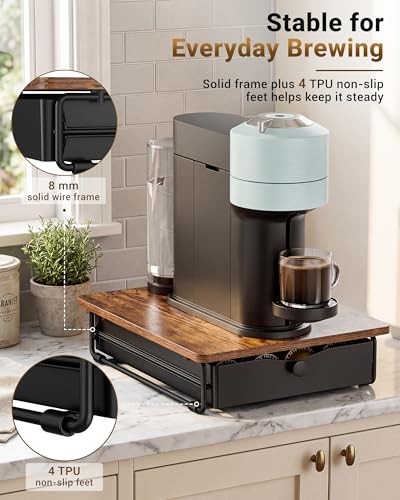 Everie Coffee Pod Drawer Organizer for Vertuo - Rustic Brown Wood Top, Holds 40-52 Capsules