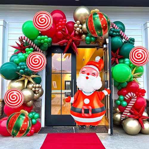 158PCS Christmas Balloon Arch Kit Xmas Party Balloons with Red Green White Golden Balloons Xmas Decoration Foil Balloons