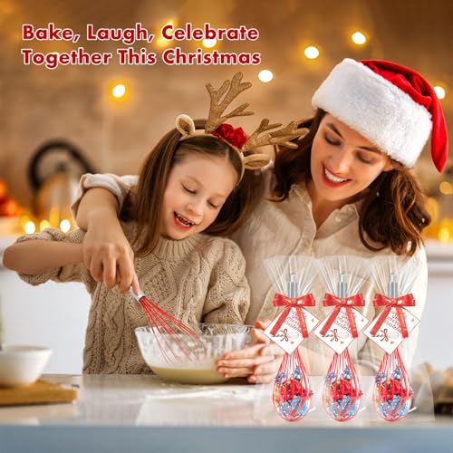 24PCS Christmas Red Silicone Whisks Gift Set with Greeting Cards & Ribbons - 10 Inch