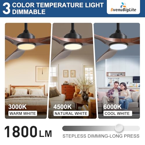 BvenuBigLite Walnut 52-Inch Outdoor Ceiling Fan with Dimmable Light & Remote