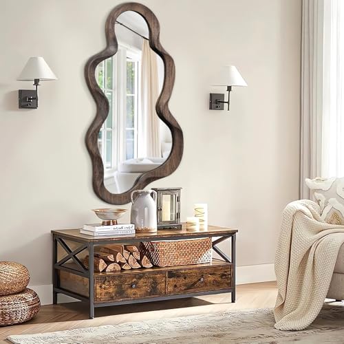 Asymmetrical Cloud Wall Mirror - 47" x 22" Vintage Brown Wood Frame