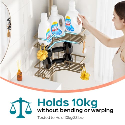 HAMITOR No-Drill Corner Shower Rack - 4-Tier Rustproof Tension Pole, Khaki, Wire Baskets