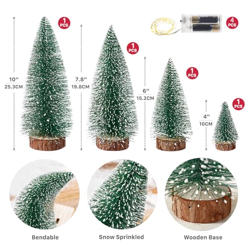 4PCS Mini Christmas Tree with Lights, Bottle Brush Trees, Christmas Table Decorations, Small Christmas Village Trees for Xmas Holiday Party Home Craft (Lighted)