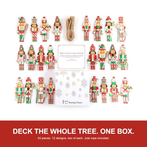 Nutcracker Christmas Ornaments Set of 24, Wooden Hanging Soldiers