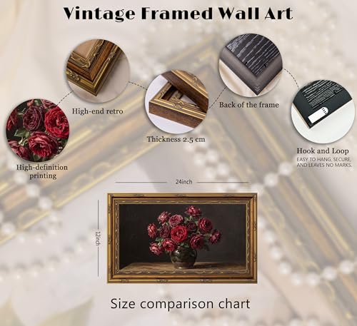 MOGIKE Vintage Framed Burgundy Red Rose Wall Art - 12x24 Inch Floral Canvas for Living Room & Bedroom