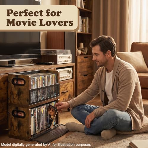 3 Pack DVD & Blu-ray Storage Racks - Wooden & Metal Media Organizer for 56 DVDs or 64 Blu-ray Cases