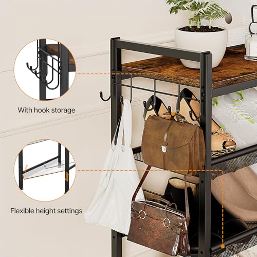 Neatevday Black 4-Tier Shoe Rack with Adjustable Mesh Shelves & Hooks