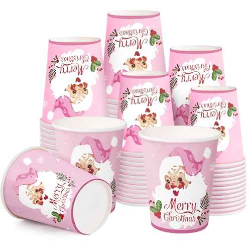 WRAPAHOLIC 50 Pcs Christmas Paper Cups - 9 oz Pink Santa Claus Disposable Cups, Holiday Party Supplies for Juice Coffee Hot Cold Beverage Drink