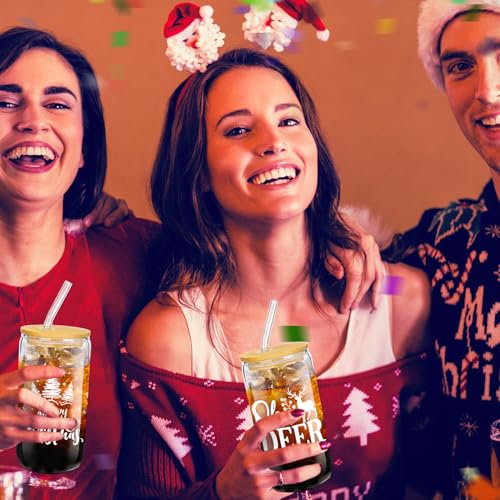 Umigy 8-Pack 16oz Christmas Glass Cups with Lids and Straws