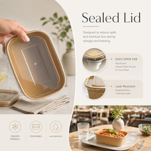 Large 32oz Paper Bowls with Lids 50 Pack Heavy Duty Disposable Takeout Containers - Microwave Safe, Leakproof, Compostable for Party & Food Service 32OZ-50PACK