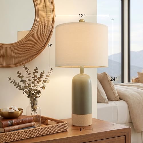 PoKat 24-Inch Hand-Textured Green & Earthy Yellow Ceramic Farmhouse Bedside Lamps Set of 2 - Matte Finish