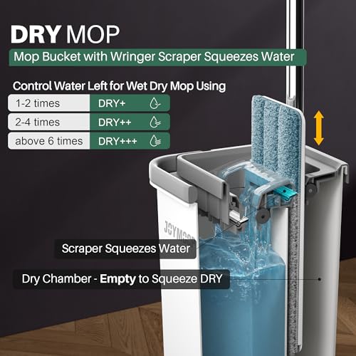 JOYMOOP White Lite133 Wall Mop and Bucket Set - Hands-Free Flat Floor Mop with 3 Washable Microfiber Pads for Home & Commercial Use