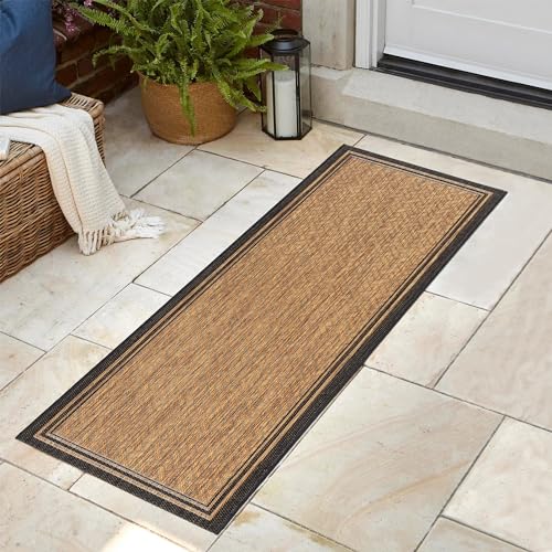 Gertmenian Indoor Outdoor Flatweave Area Rug 2x6 ft Black Tan Stain & UV Resistant