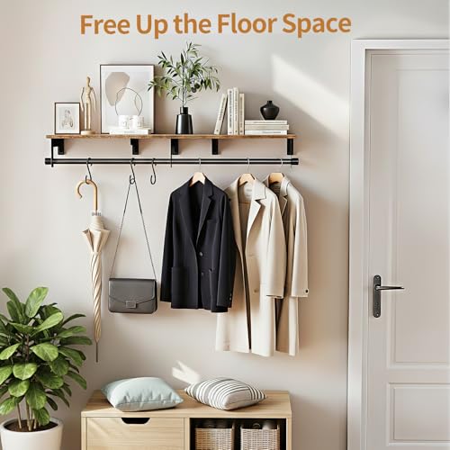 Wall Mount Clothes Rack with Wooden Shelf - Black + Brown, 43.3 Inch