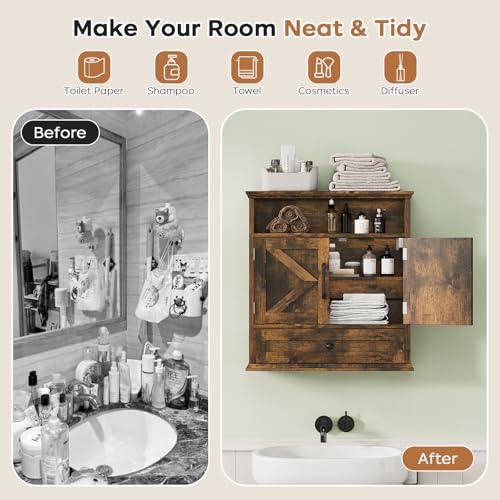 Rustic Brown Bathroom Wall Cabinet - 24.4"H x 23.6"W x 9"D Wall Mounted Medicine Cabinet