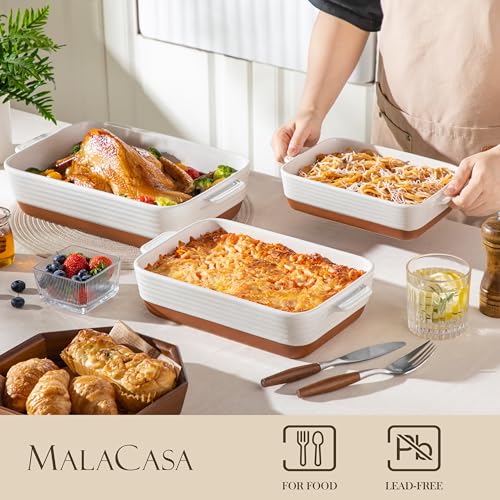 Ceramic Baking Dish Set of 3 - Rectangular Casserole Pans with Handles, Khaki White, Without Racks, Series TARA