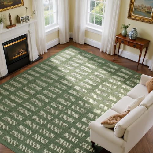 Sage Green 8x10 Washable Area Rug - Soft Faux Wool Retro Carpet with Non-Slip Backing