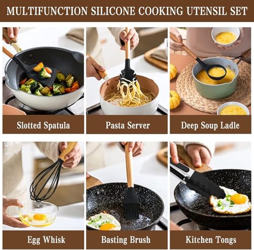 Silicone Kitchen Utensil Set with Holder - 34PCS Cooking Tools - Black