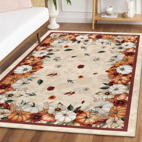Artoid Mode Fall Area Rug 5x7 Feet with Pumpkins and Floral Design - Beige, Non-Slip Home Decor