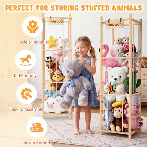 Woodure Natural Stuffed Animal Storage & Organizer - Wooden Zoo Toy Holder for Toddler Rooms (2pcs)