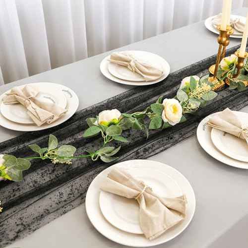 Snowkingdom Black Table Runner, 10FT Sheer Tulle Gauze Metallic Mesh Foil Table Decoration for Halloween, Thanksgiving, Party, and Christmas, Bridal, Baby Shower