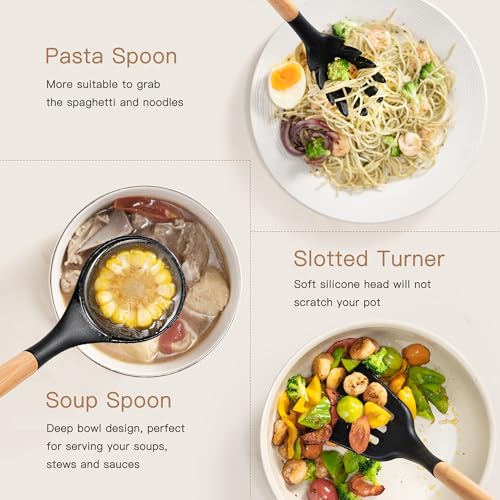Black 39-Piece Silicone Kitchen Utensil Set with Wooden Handles, Heat-Resistant & BPA-Free