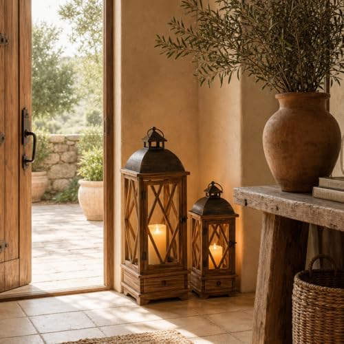 Rustic Wooden Candle Lanterns Set of 2 - Farmhouse Indoor & Outdoor Decor