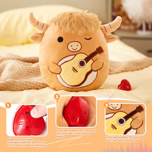 Glow Guards 12'' Heartbeat Scottish Highland Cow Plush Pillow Cute Recordable Stuffed Animal Recorder Cow Plush Toy Birthday Gift for Boys Girls,Brown Highland Cow