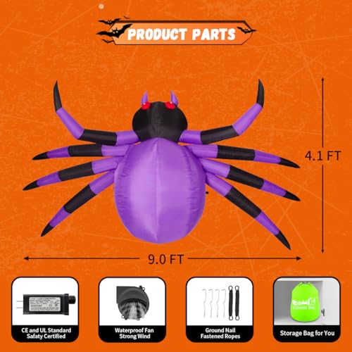 9FT Halloween Inflatable Decoration Purple Spider Yard LED Decor