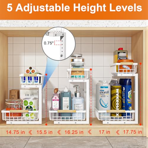 White Under Sink Organizer 2 Pack - Height Adjustable Kitchen & Bathroom Storage
