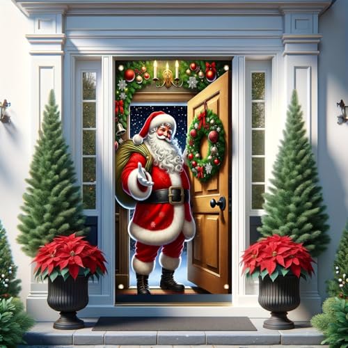 Festive Santa Welcome Christmas Banner 71x35 Inch Holiday Door Backdrop Outdoor Yard Decor