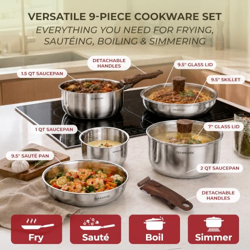 Sunhouse 9-Piece Stainless Steel Cookware Set with Detachable Handle - Silver
