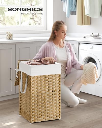 SONGMICS Laundry Hamper with Lid & Handles - 65L Synthetic Rattan, Foldable, Goose Yellow