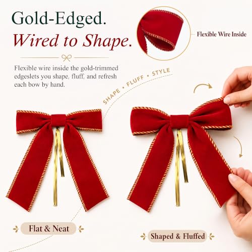 Ironraw 24 Pcs Red Velvet Christmas Bows with Gold Trim, 6x6.5 Inch Holiday Decor Set