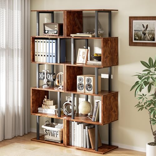 Furologee Rustic Brown 6-Tier S-Shaped Geometric Bookcase - Modern Storage Shelf