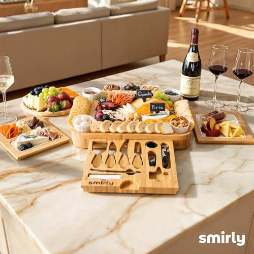 SMIRLY Bamboo Charcuterie Board Set with 4 Drawers and Serving Accessories
