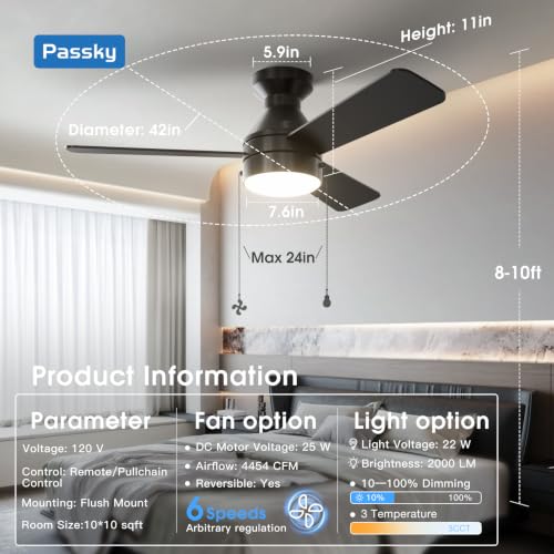 Passky 42 Inch Black Low Profile Ceiling Fan with Light Remote & Pull Chain