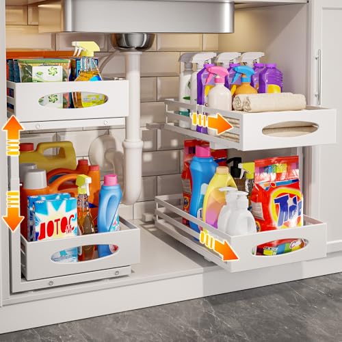 White 2-Pack Under Sink Organizer - 2 Tier Pull-Out Storage Cabinets with Adjustable Height